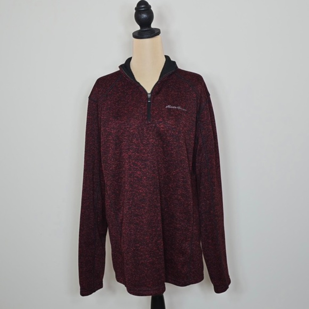 Eddie Bauer Mens Red Black Marled Quarter Zip Pullover Performance Sweater Large